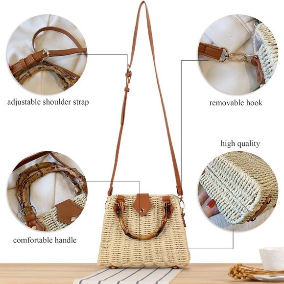 Straw Purses for Women Trendy Summer Woven Tote Bag Straw Basket Crossbody Wicke - Picture 3 of 7